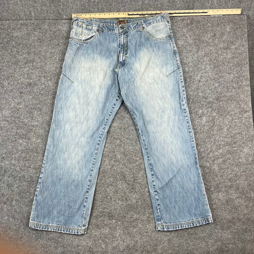 Observed: NYC denim brand jeans, light wash, 42x33, men's relaxed straight fit.‎